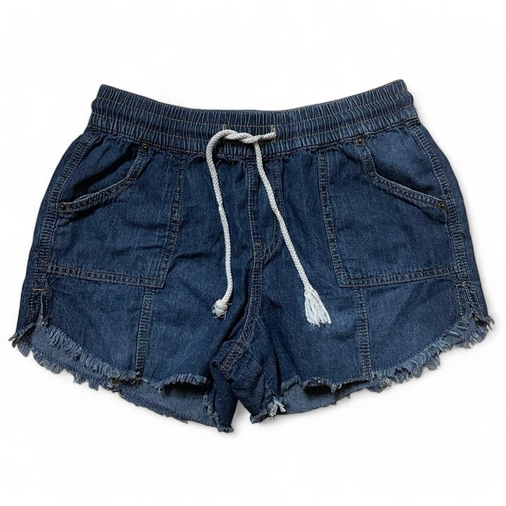 2/$7 deal 
Maurice’s blue denim shorts with frayed hem and drawstring.